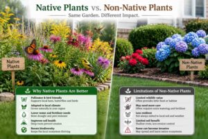 Side-by-side comparison of native plants and non-native ornamental plants in a residential garden.