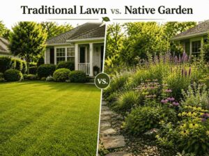 Comparison of a traditional turf lawn and a native garden with diverse flowering plants and pollinators.
