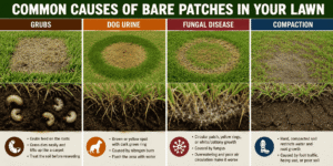 Four common causes of bare patches in a lawn including grubs, dog urine, fungal disease, and soil compaction