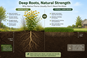 Native plants with deep roots compared with shallow-rooted lawn grass