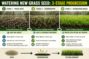 Three stages of watering new grass seed from fresh seed to established grass