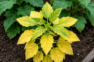 Plant with yellowing leaves caused by possible nitrogen deficiency