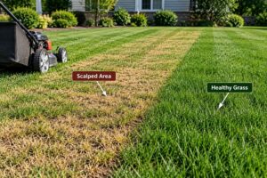 Scalped lawn with short brown grass beside healthy green turf