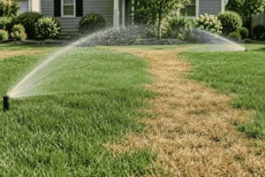 Sprinklers leaving a dry brown strip between green areas of lawn