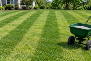 Lawn showing light and dark green stripes from uneven fertilizer application