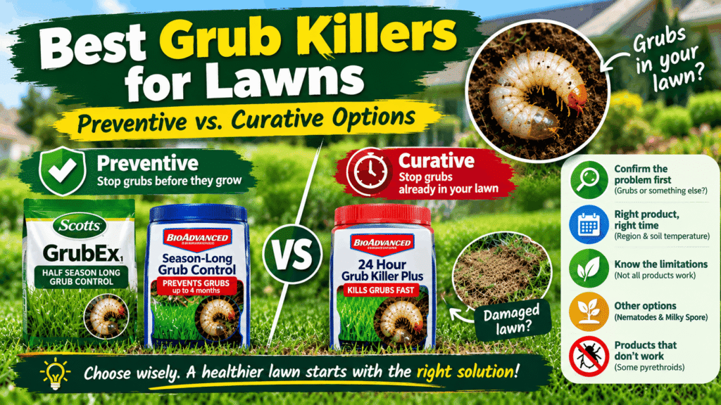 Best grub killers for lawns compared, including preventive and curative treatments for lawn grubs.