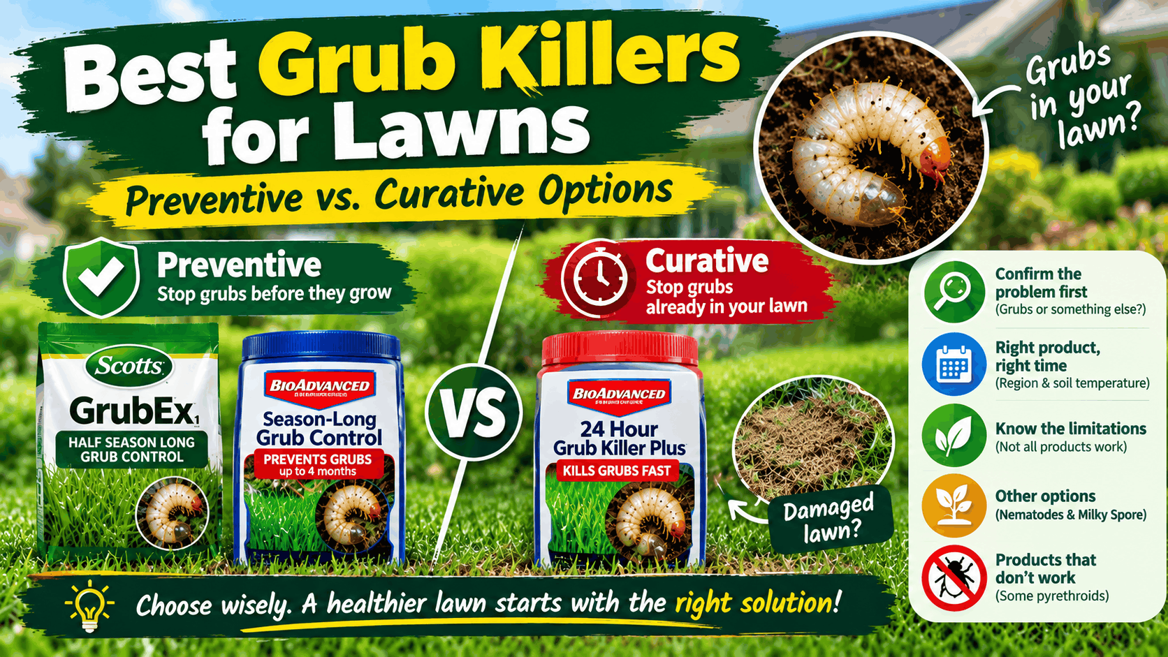 Best grub killers for lawns compared, including preventive and curative treatments for lawn grubs.