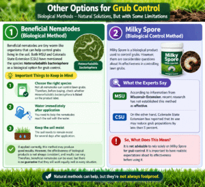 Beneficial nematodes and Milky Spore compared for lawn grub control, including application tips and effectiveness limitations.