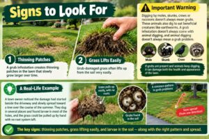 Signs of grub damage including thinning lawn patches and grass that lifts easily